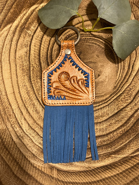 Colored Leather Tooled Keychains with Fringe
